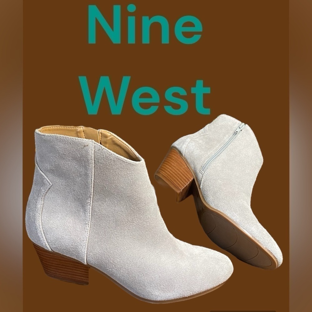 Nine West-NWT size 8.5 light putty gray “tristan” suede bootie.Side zip, 2” heel - Picture 5 of 14